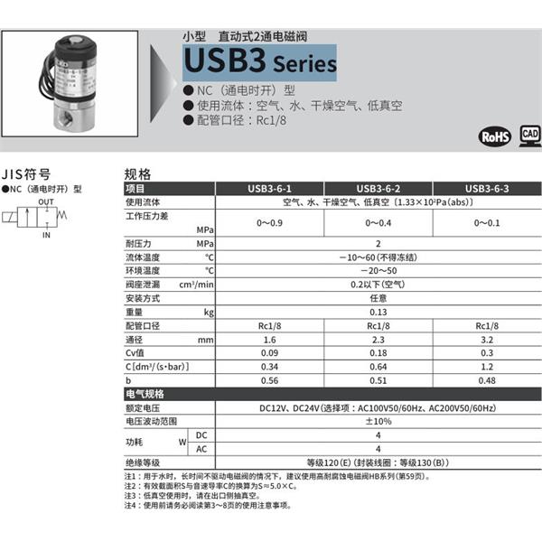 CKD喜開理多種流體小型直動式2通電磁閥USB3-6-2-B-DC12V