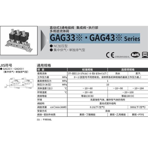 CKD喜開理多種流體直動(dòng)式2通電磁集成閥GAG331N-2-7-DC 24V