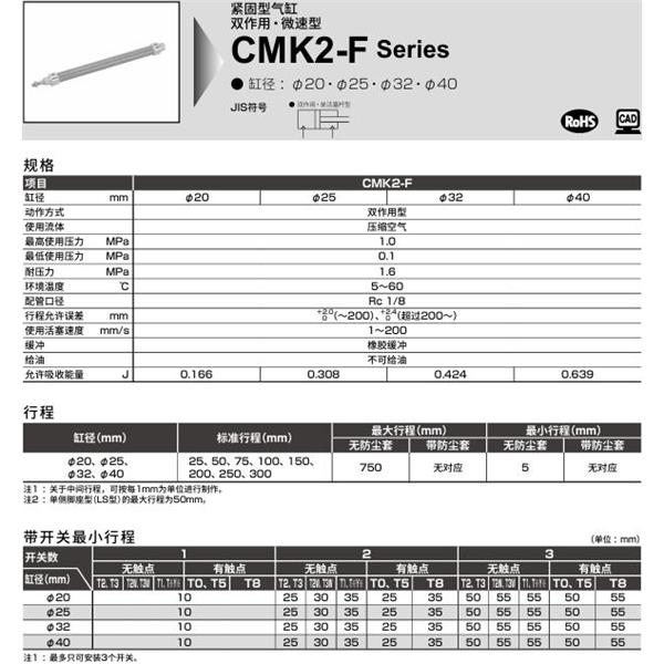 CKD喜開理緊固型氣缸CMK2-F-TA-20-100-T0H-R-MI