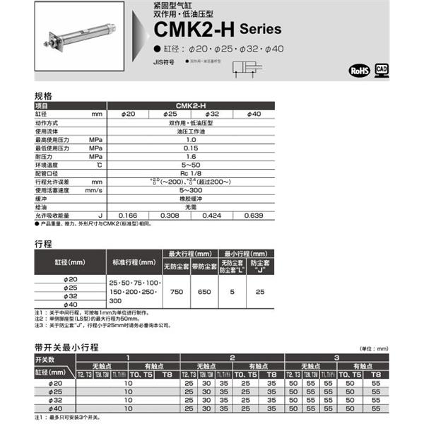 CKD喜開理緊固型氣缸CMK2-H-00-20-100-JI